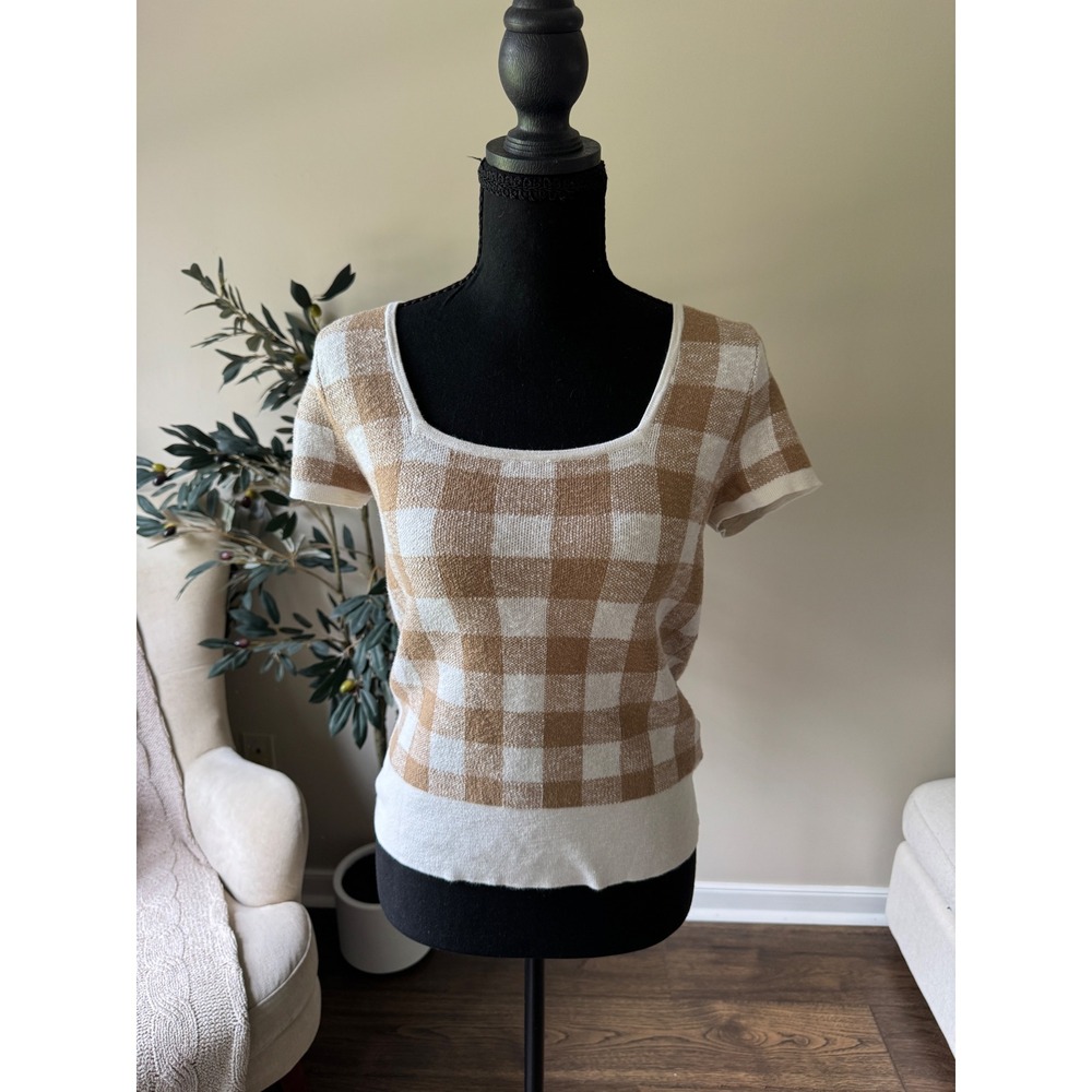Madewell Gingham Square Neck Short Sleeve Sweater Top Tan White XS